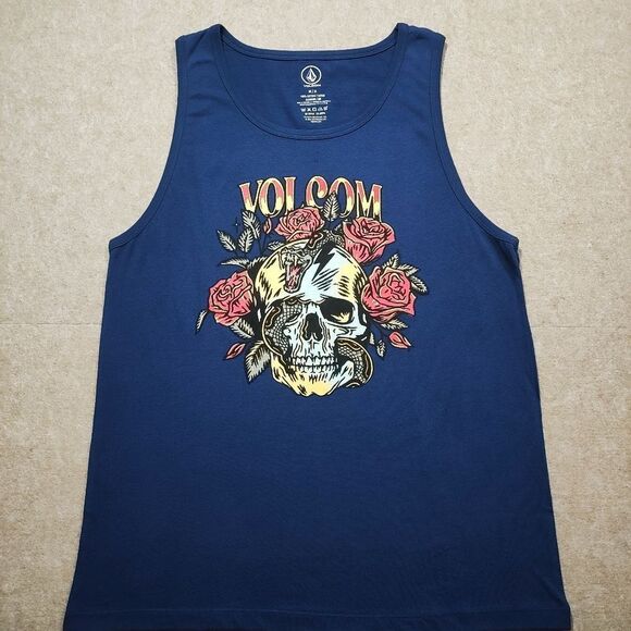 Volcom Blue Heartache Skull Graphic Tank Top #7 - Picture 2 of 4